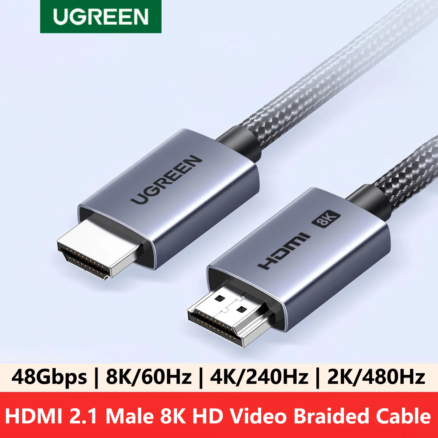 Фото Кабель UGREEN HDMI 2.1 8K@60HZ HDR видео, плетеный, 0.5м, 1м, 1.5м, 2м, 3м, 5м, 8м, 10м, 15м, для PS5, телевизора, Switch, компьютера, монитора, ноутбука №1