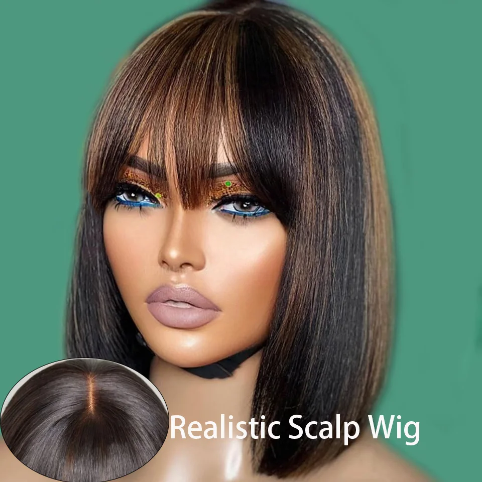 Фото Put On And Go Easy Wear Human Hair Bob Кружевные прямые парики с челкой Средняя часть Челка Парики Бразильские волосы Remy Парики Настоящая кожа головы №2