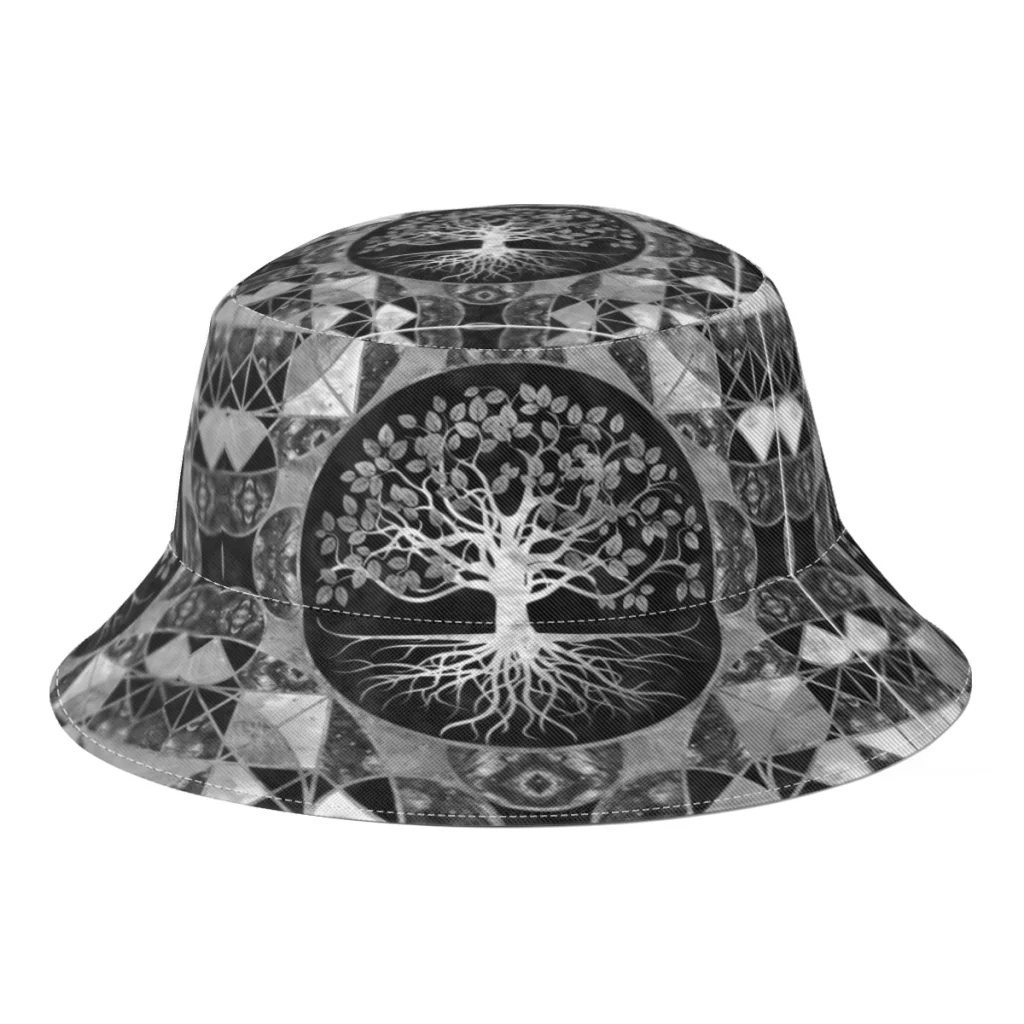 2022 New Summer Tree Of Life Gray Scale Gemstone Bucket Hat for Unisex  Outdoor Foldable Bob Fisherman Hats  Panama Cap