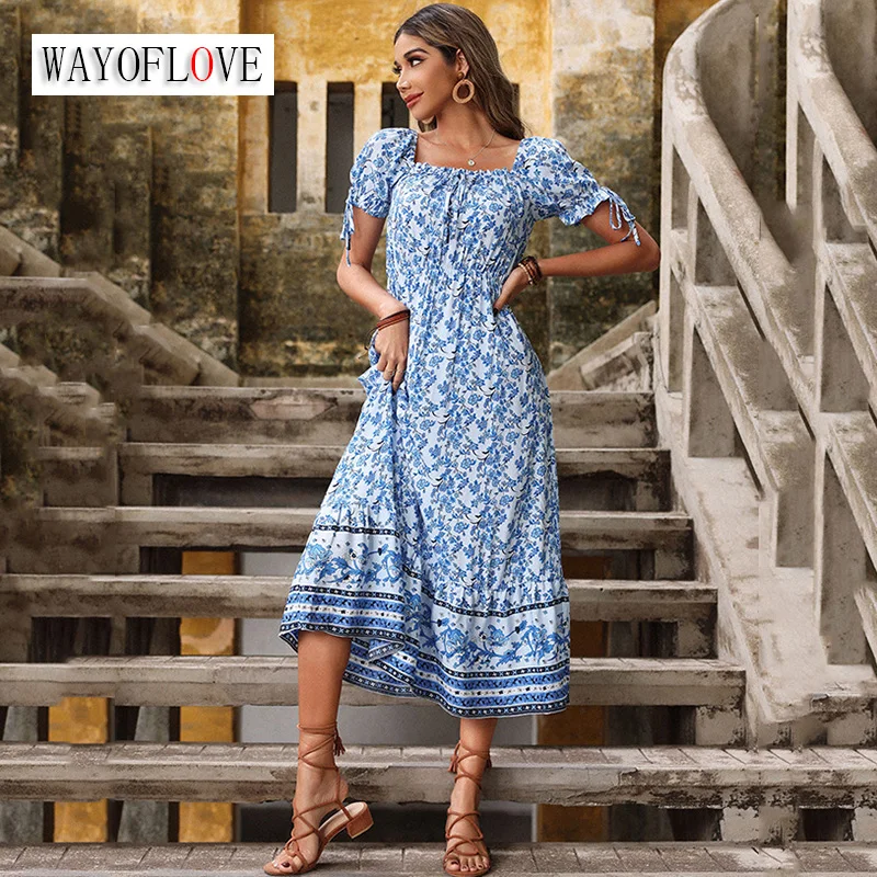 

WAYOFLOVE Woman Summer Elegant Blue Long Beach Dress Party Casual Slash Neck Print Vestidos Bandage Slim Vintage Viscose Dresses