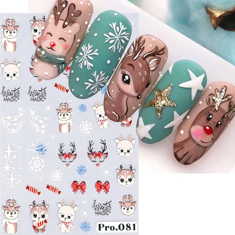 

5D Embossed Elk Nail Art Sticker Cute Christmas Winter Santa Claus Snowflake Gingerbread Man Engraved Slider Manicure Decoration