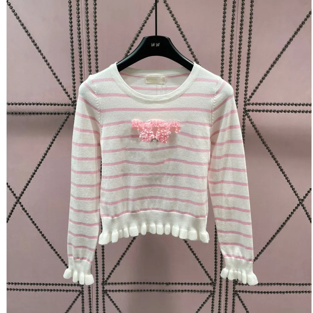 

Woman Clothing 2023 Spring Summer New Striped Knitted Top With Petals And Bottom Wave Pattern Wholesale Fashion Woman Blouse