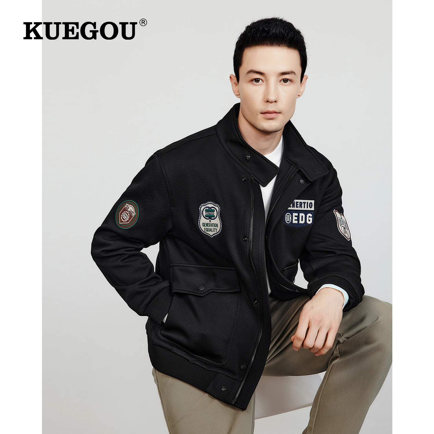 

KUEGOU 2022 Autumn Jacket Men And Coat Hip Hop Japanese New Streetwear Vintage Male Korean Bomber Baseball Varsity Clothes 0630