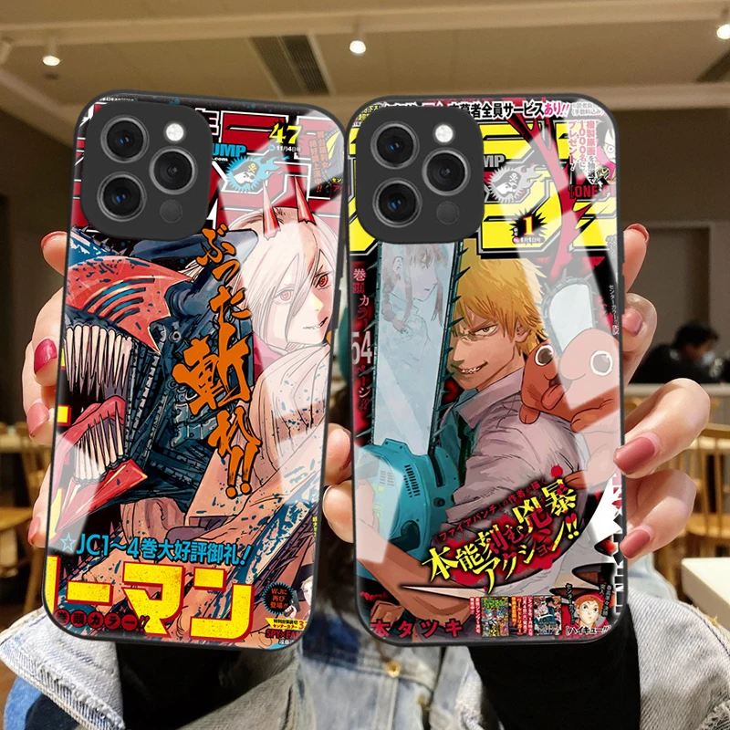 

Back Tempered Glass Case For iPhone 13 13Pro Max Anime Chainsaw Man Hard Cover For iPhone 11Pro 11 12 Pro MAX Cute Phone Cases