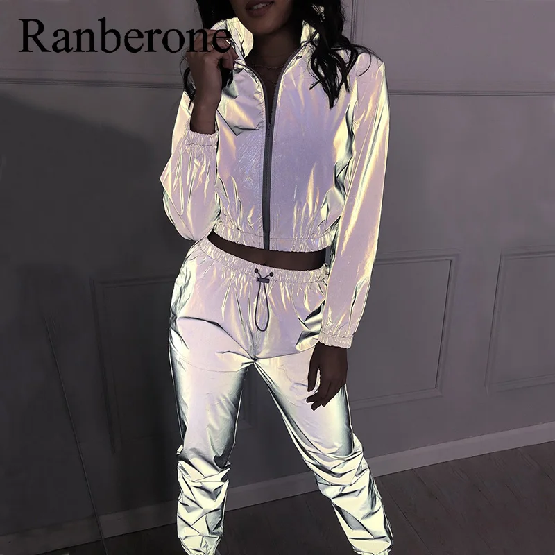 Ranberone Women Windbreak Set Reflective Two Piece Casual Night Run Jackets + Matching Pant Suit Coat Hip Hop Tracksuit Couple