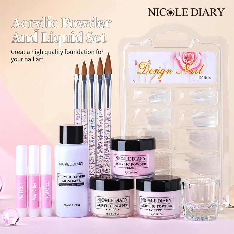 

NICOLE DIARY Nail Acrylic Powder Liquid Crystal Glass Set Nail Art Manicure Kit Nail Glitter 3D Nail Tips Carving Extension Tool