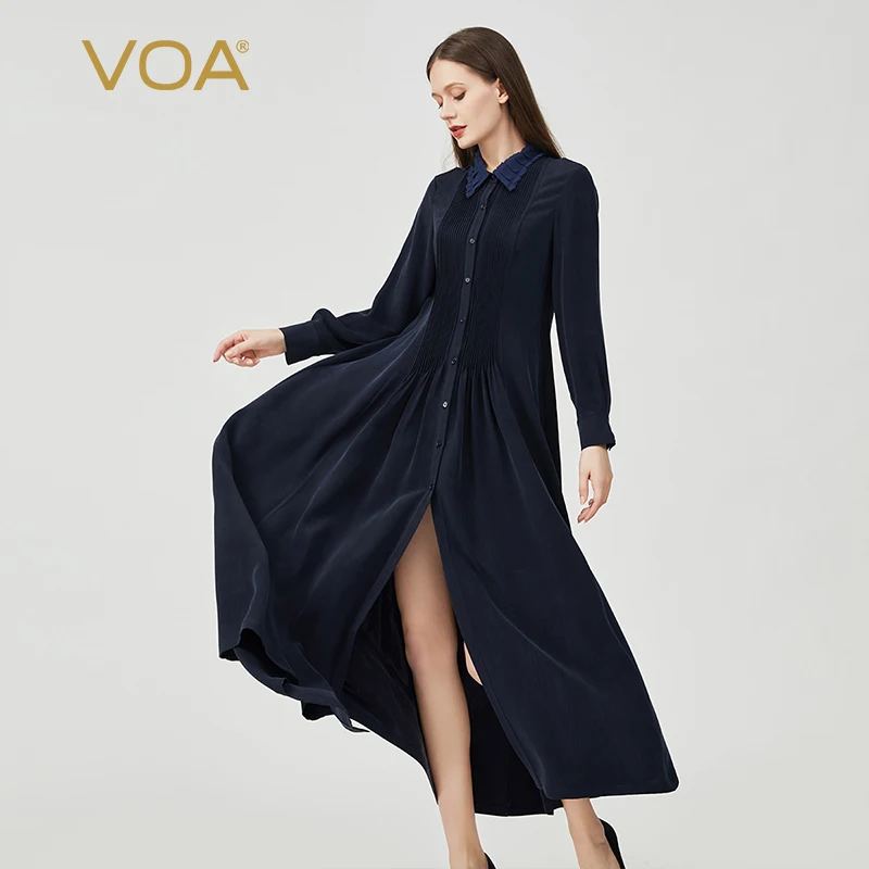 

VOA Fashion Appliques Polo-Neck Navy Silk Woman Dress Autumn New Office Long Sleeves Single-Breasted Elegant Long Dresses AE1056