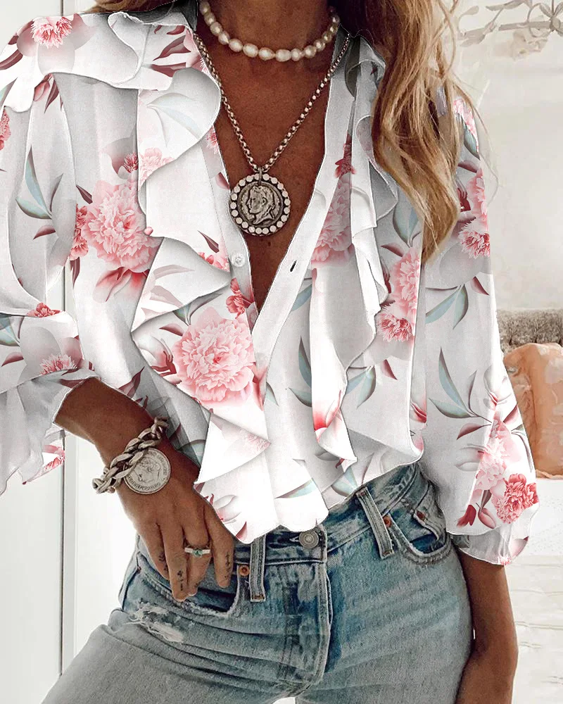 

Vintage Print Sexy V-Neck Print Top Women 2022 Spring Summer Fashion New Sweet Ruffles Loose Woman Shirt