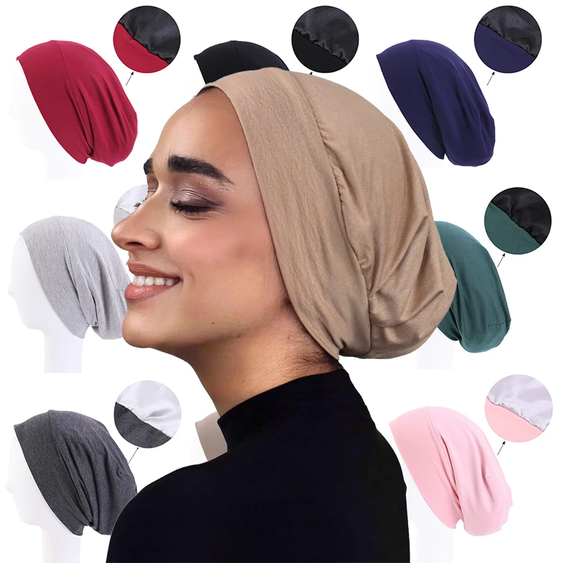 

2022 New Modal Satin Lined Hijab Cap Slouchy Beanie Turban Hat Soft Elastic Nightcap Hair Care Wrap Head Inner Hijabs Bonnet