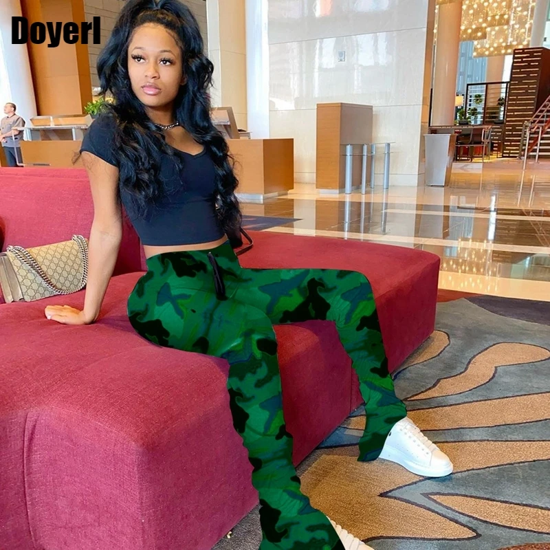 

Camouflage Stacked Sweatpants Women Joggers Rouched Pants with Split Hem Summer High Waist Stacked Leggings Bell Bottom Pants