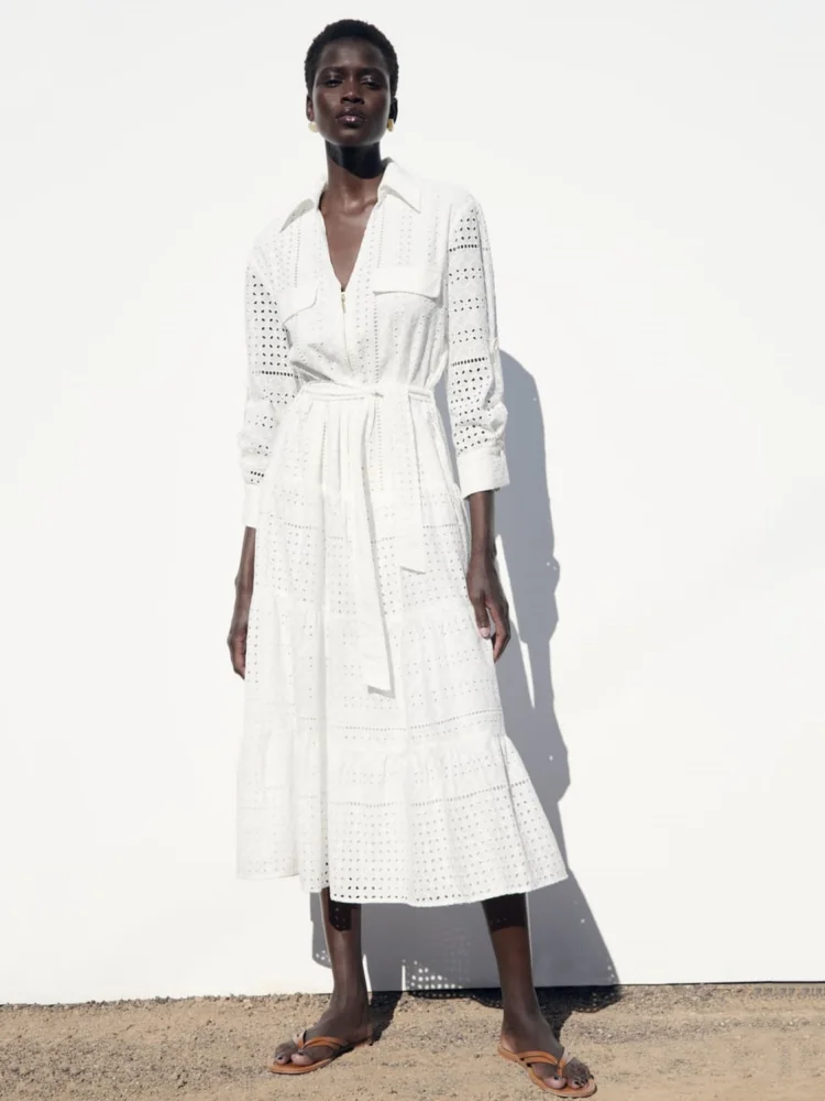 

TAOP&ZA 2023 New Women's Clothing Lapel Long Skirt Female Hollow Embroidery Mid-length Waist Dress 2997982
