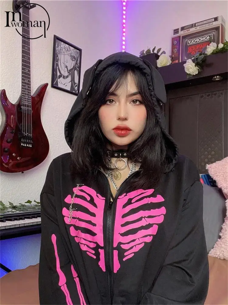 

Inwoman Autumn Sexy Print Hoodies Club Outfit For Women 2022 Long Sleeve Zip Up Hooded Crop Top Female Solid Fashion Hoodies
