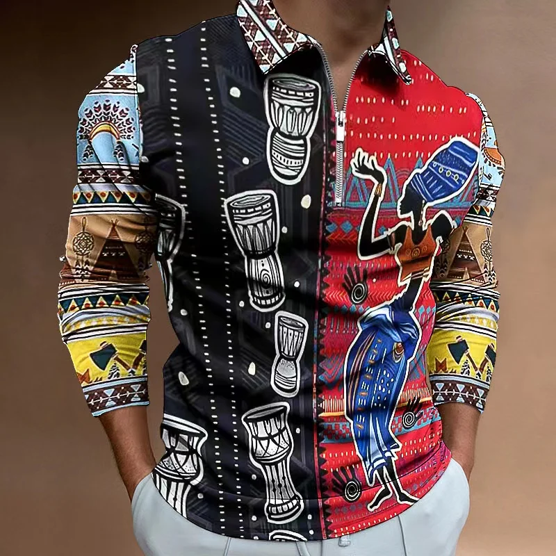 

African Dashiki Print Men's Polo Shirt Long Sleeve Zipper Lapel Collar Tops Spring Autumn Thin Shirt Vintage Folk-Custom Clothes