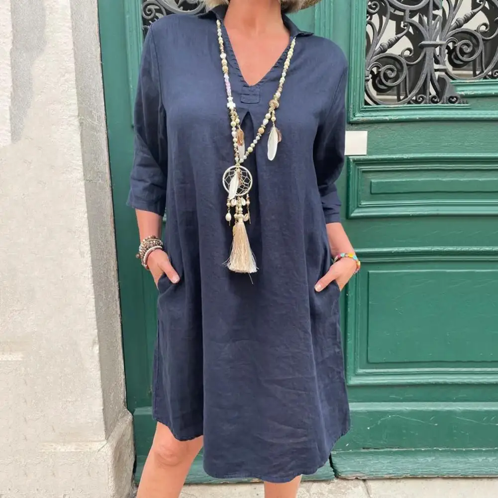 

Women Dress Pockets Design Pullover Dress Solid Color 3/4 Sleeve Vintage Dress