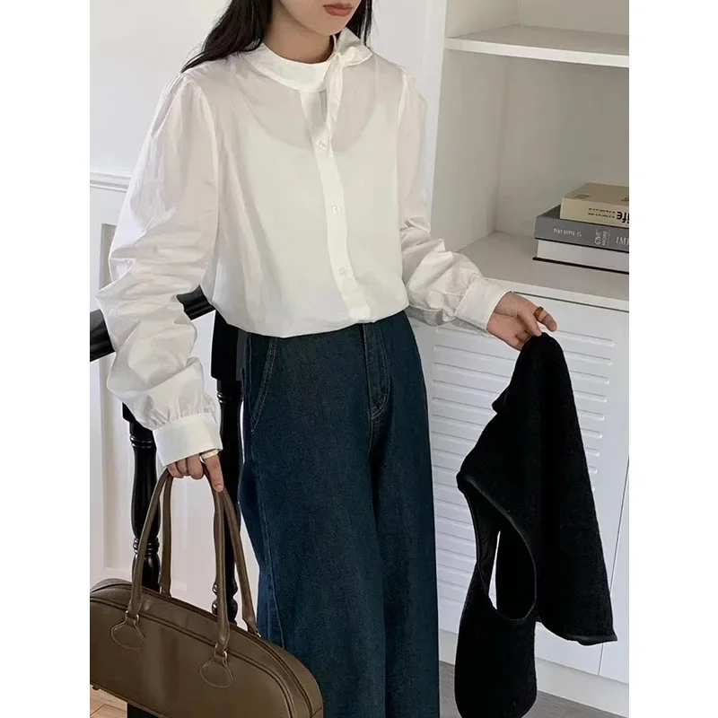 THINK Design Sensibility Women's Autumn/Winter Loose-Fit Solid Color Long Sleeve Shirt Top New Style Korean Fashion