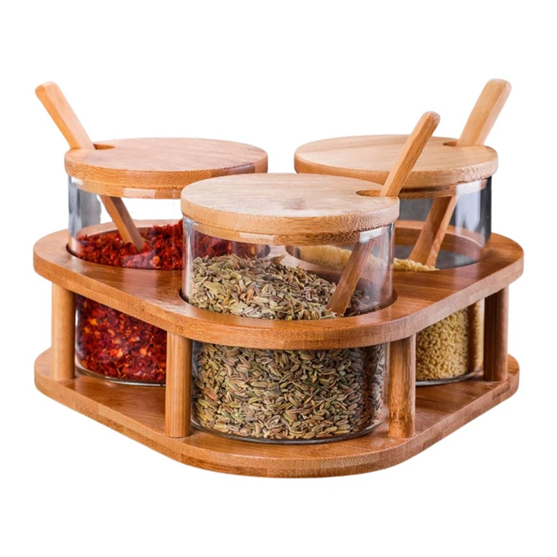 

Condiment Jars With Bamboo Spoon And Lids Seasoning Container Box Set For Salt Sugar Pepper Spice Box Kitchen Supplies