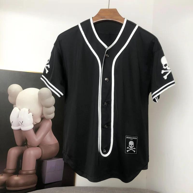 

Mastermind Japan Men's Short Sleeve Shirt 2023 Summer Street MMJ Skull Embroidered Cotton Baseball Uniform Loose Hip Hop T-shirt