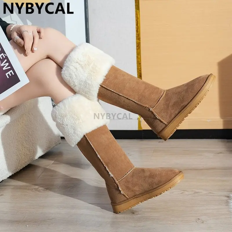 Fashion Style Women Natural Fox Hair Snow Boots Waterproof Genuine Cow Leather Winter Boots Warm Women Boots Knee-high Boots New