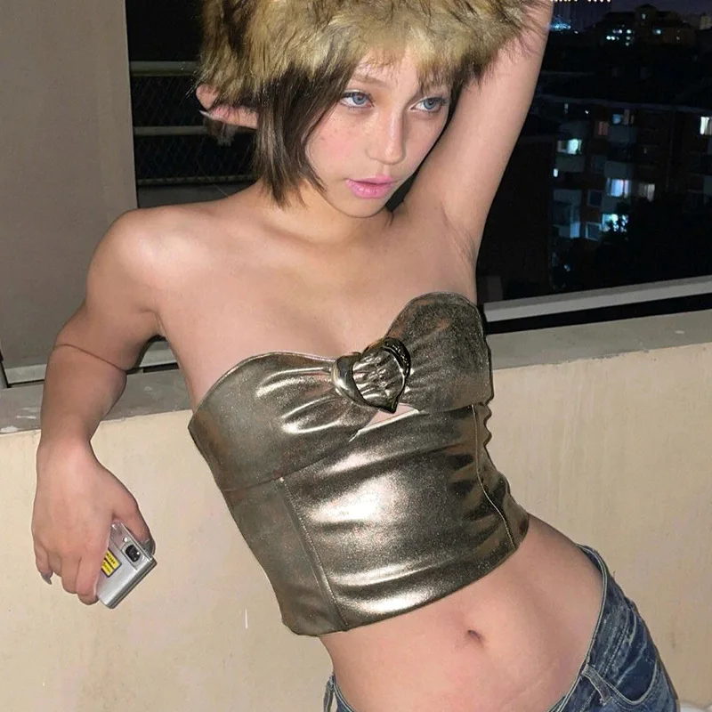 

Сексуальные женские топы Y2K из искусственной кожи с металлическим блеском, облегающие Корсеты с пряжкой в виде сердечек, бюстье, Женский Блестящий бюстье без бретелек, короткий топ на лето