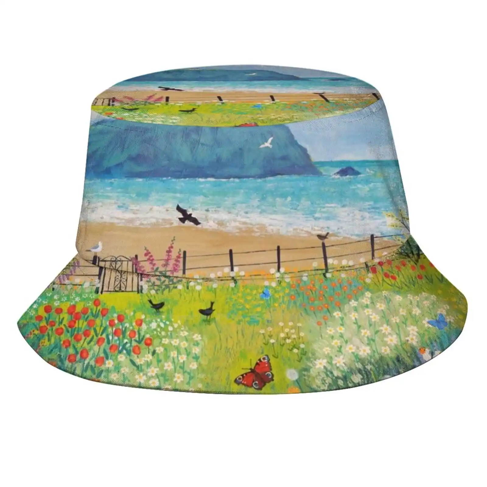 

Панама с принтом «Сад рядом с морем», шляпа от солнца, кепка es Seas, кепка es, морской сад, бабочки, цветы, птицы, Jo Grundy