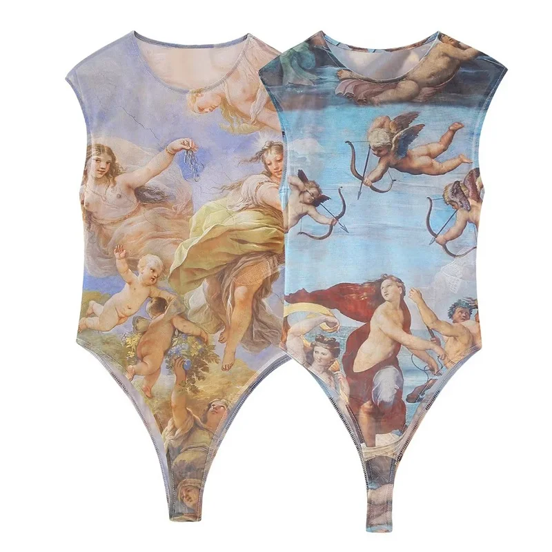 

2023 Summer Woman Vintage Sleeveless Mesh Bodysuit Female Elegant Slim Elastic Print Tank Bodysuits Ladies Sexy Beach Tops