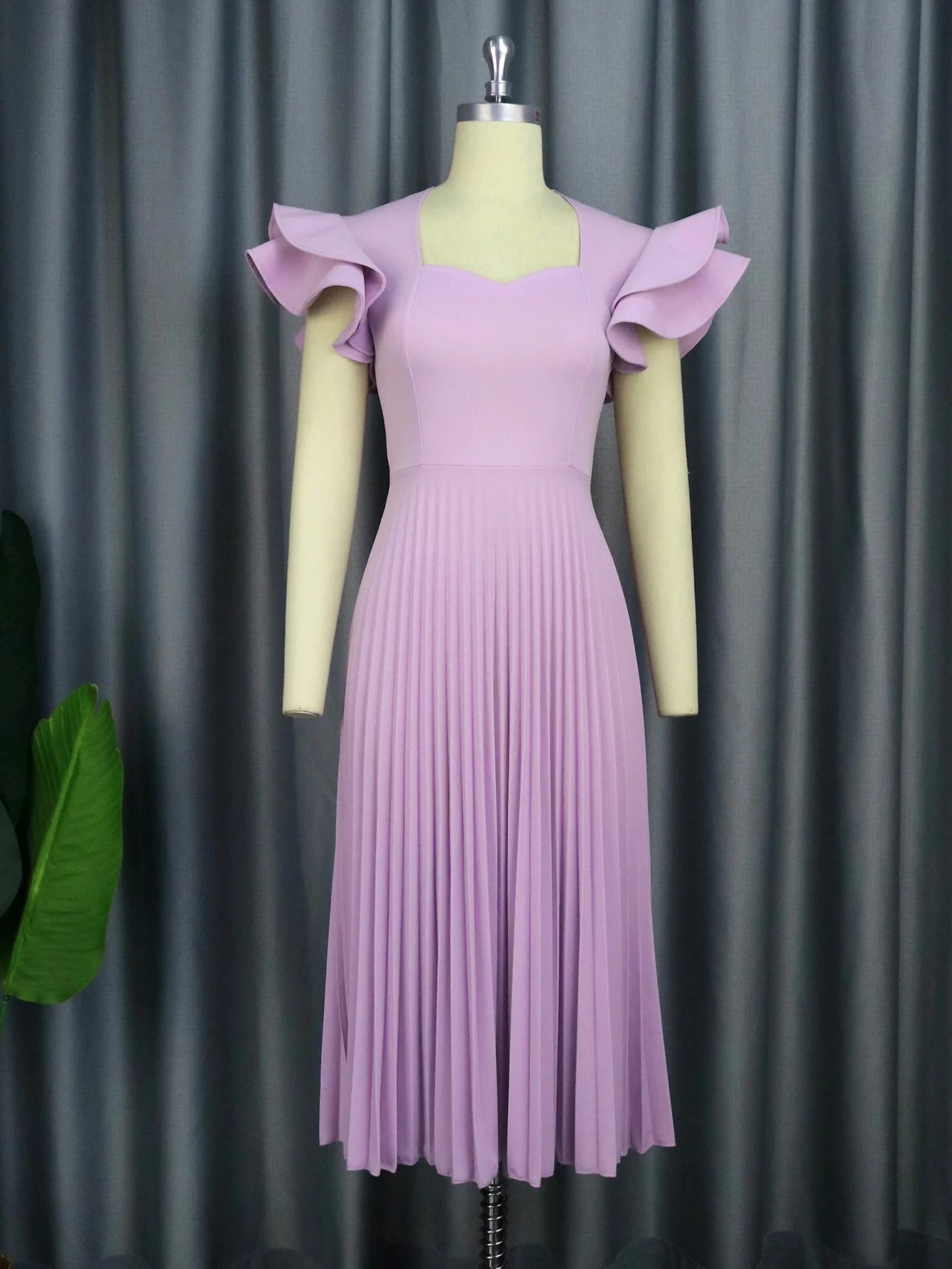 New In Dresses Plus Size Women Fashion Light Purple Square Neck Dress Elegant Temperament Casual Female Commute Pleated Dress
