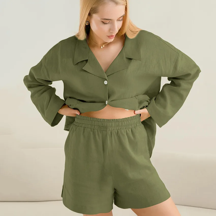 Casual Home Clothes For Women 2 Piece Set Cotton Short Sleeve Turn Down Collar Tops Female Shorts Autumn Nightwear 2022