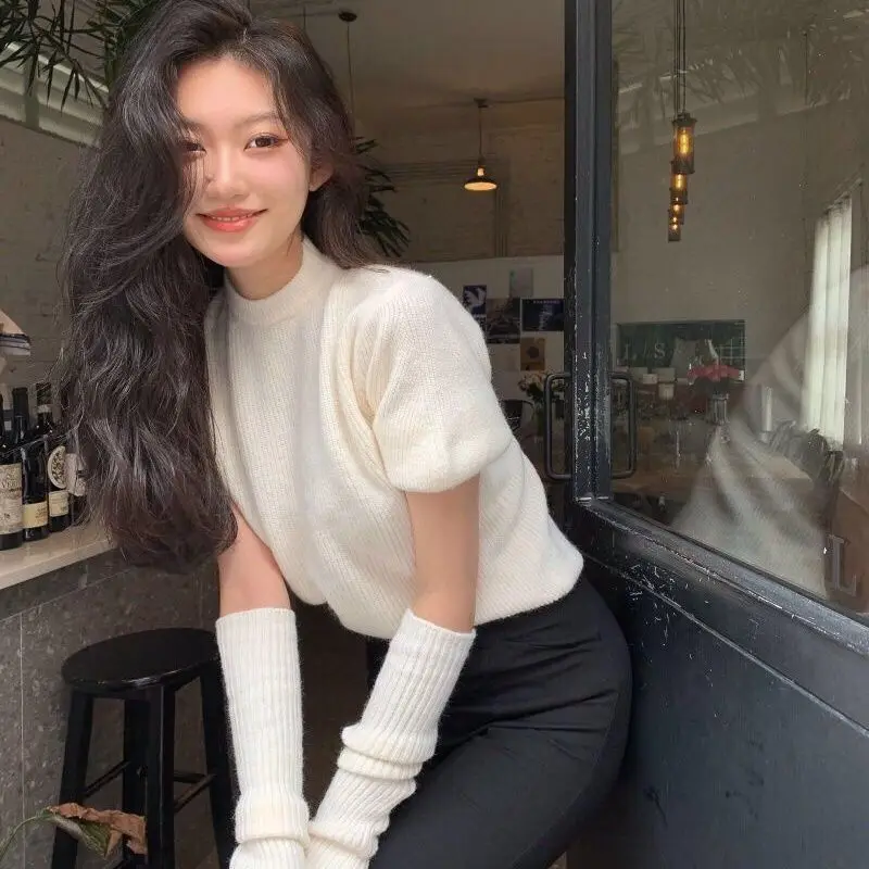 

Women Sweet Knitted Puff Sleeve Tops Korean Fashion Solid O Neck Long Sleeves Soft Pullovers Sweater Sueters De Mujer