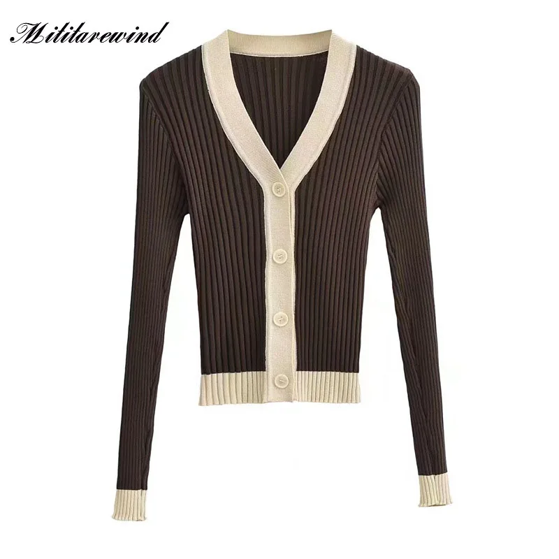 

2023 Spring British Style Contrasting Color Long-sleeved Knitted Sweater Elegant Foreign Cardigan Fashion Elastic Slim Top Women