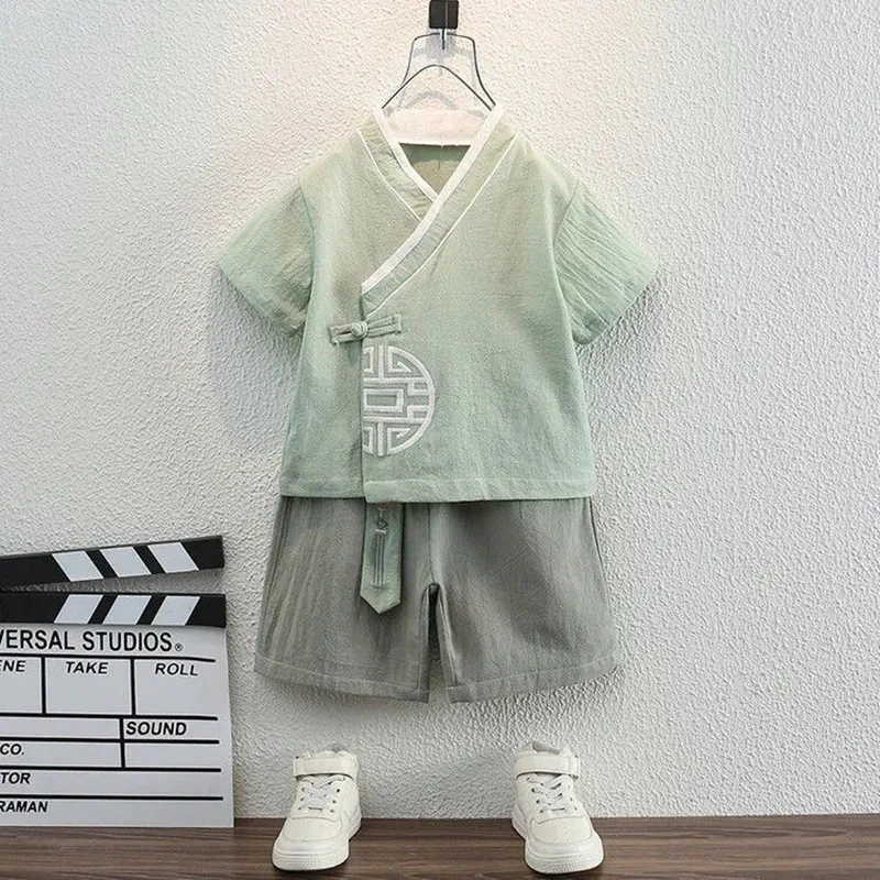 

Hanfu Children's Clothes Suit Summer Thin Tops And Shorts Suits Chinese Style Boys Tang Suit Cotton Linen Clothes Suits