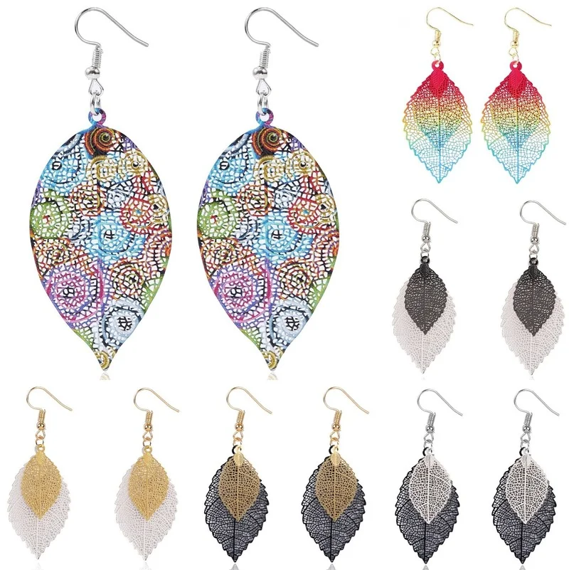 

European and American earrings leaf earrings gold simple double-layer hollow leaf earrings retro fashion earrings