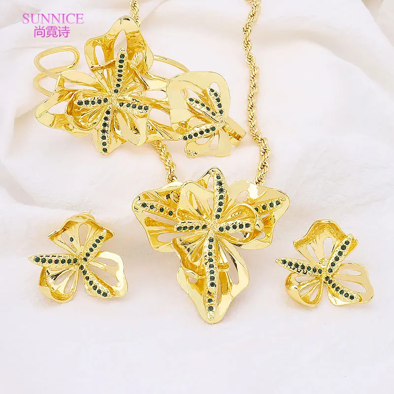 

SUNNICE 18k Gold Plated African Big Jewelry Luxury Rhinestone Clip Earrings Flower Necklace for Women Dubai Charm Bracelet Ring