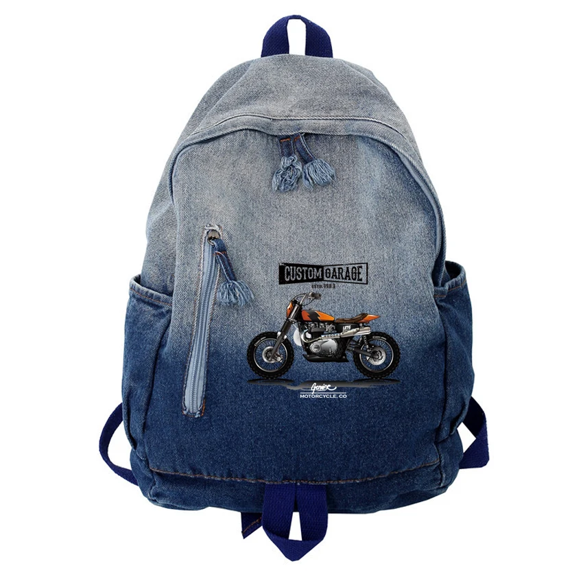 

College Girls Stylish Motorcyle Pattern Printed Denim Backpack Bag Women Fashion Men Backpack Ladies Washed Denim Rucksack