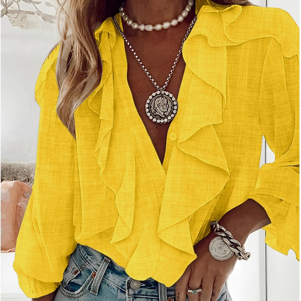 

Wepbel Summer Tshirt Top Women Solid Color Lerisi Ruffled Long-Sleeved Shirt Blouse Summer Casual Fashion T-shirt Top