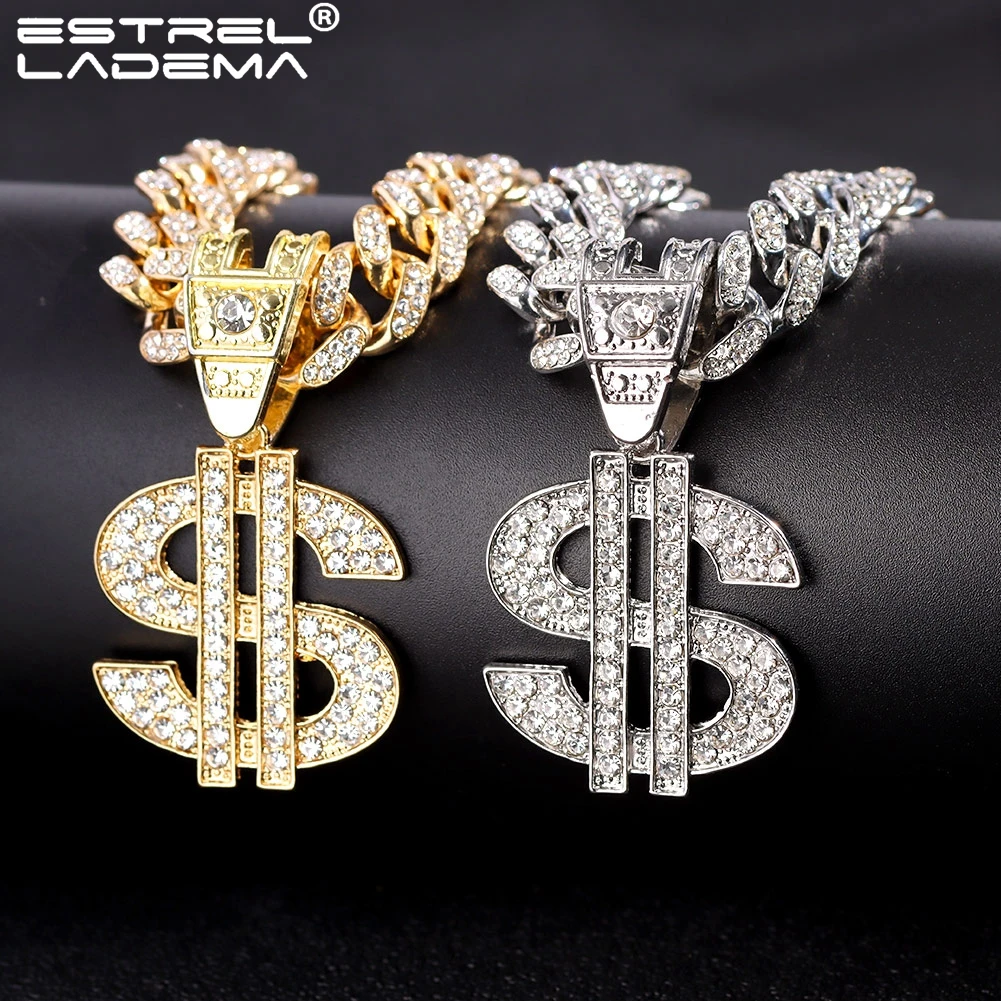 

Shiny Hip Hop Dollar Pendant Crystal Cuban Chain Necklace For Women Punk Gothic Rhinestone Chokers Necklaces Luxury Jewelry New