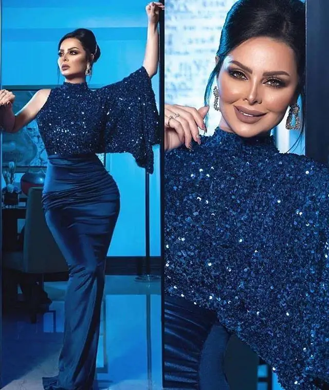 

Shiny solid color party dress 2022 Arabian African lace sequined single long-sleeved women's new formal evening dress