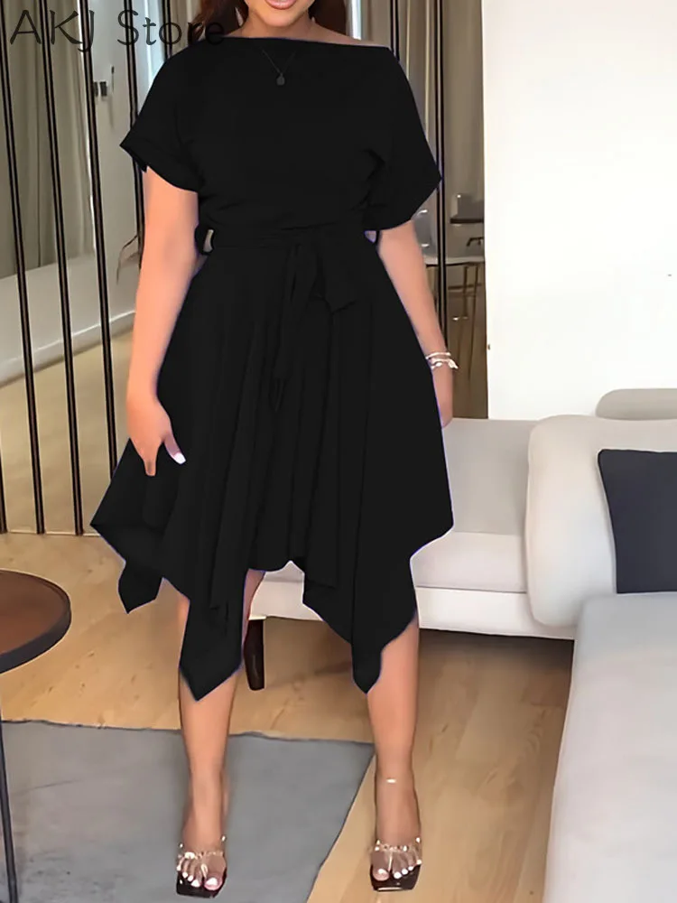 

Женское однотонное Асимметричное мини-платье с коротким рукавом и круглым вырезом