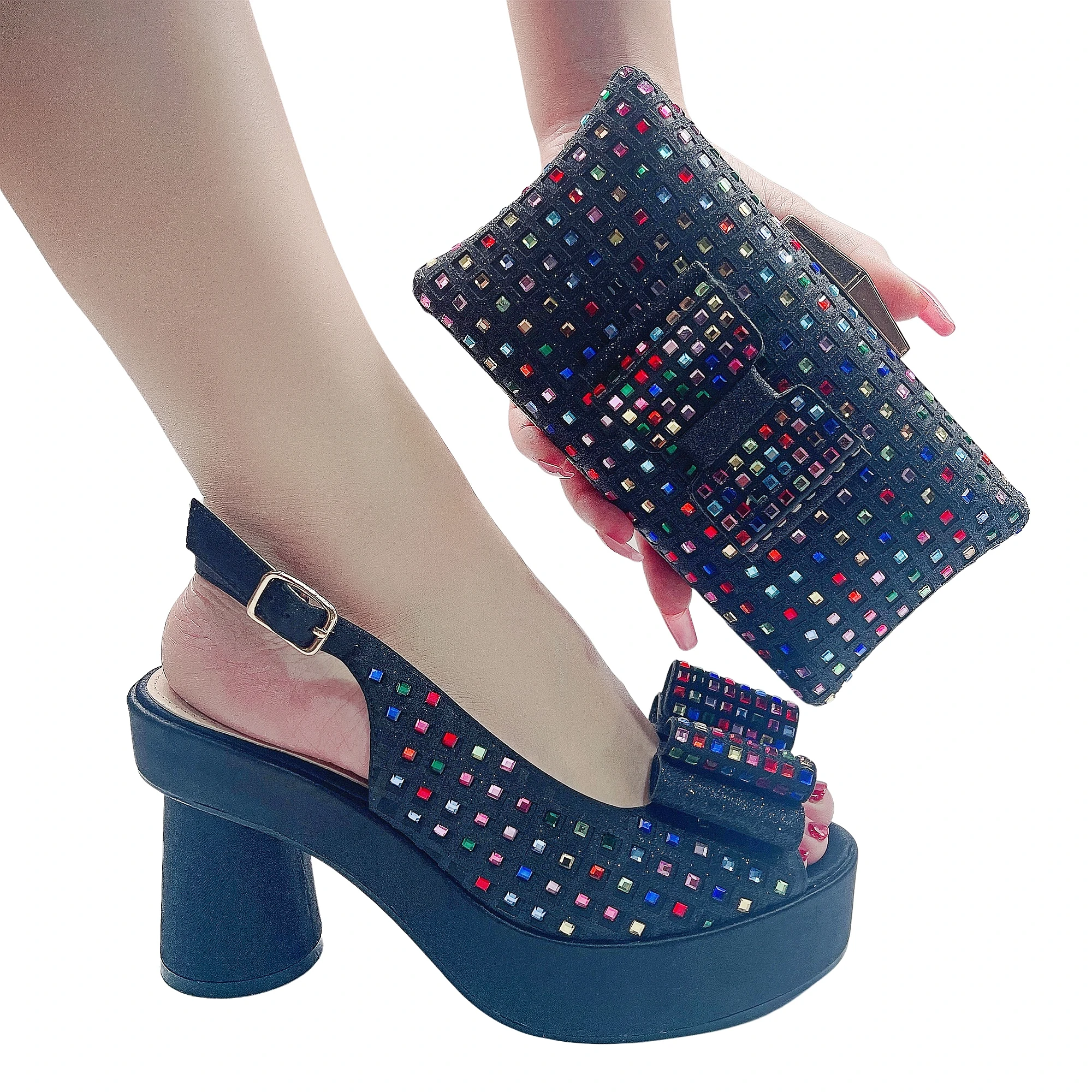 Wedding Shoe and Purse for Bride Matching Shoes and Bags High Quality Glitter Nigerian Party Shoe Platform Sandals Clutch Purse