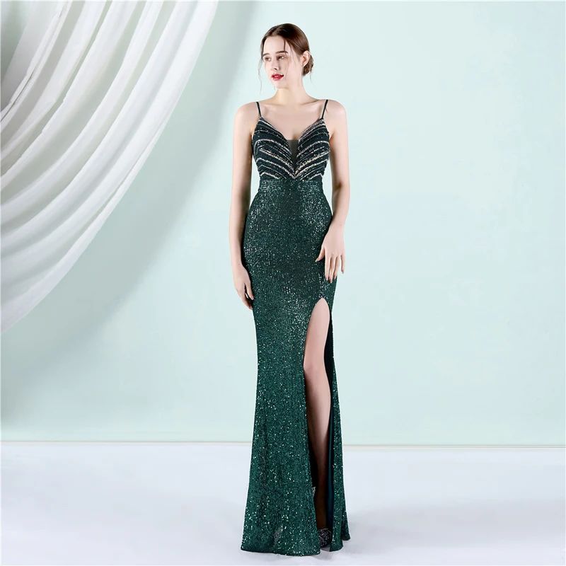 Sexy Women Spaghetti Strap Deep V Neck High Split Sequined Charm Cocktail Prom Evening Party Queen Long Maxi dress