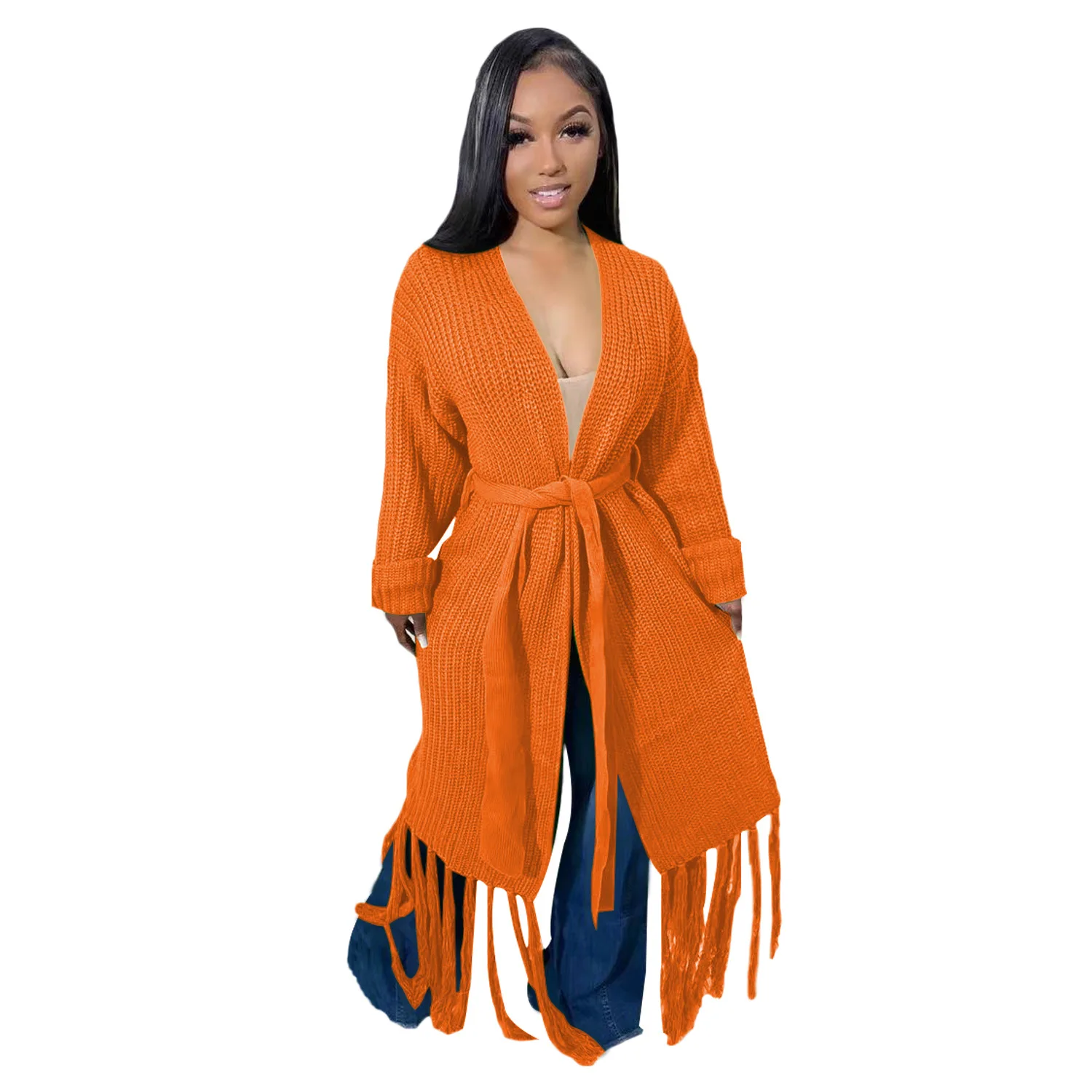 

Casaul Women Long Coat Cardigan Sweater Tassel Solid Color Streetwear Bandage High Street Clothes For Women Outfit