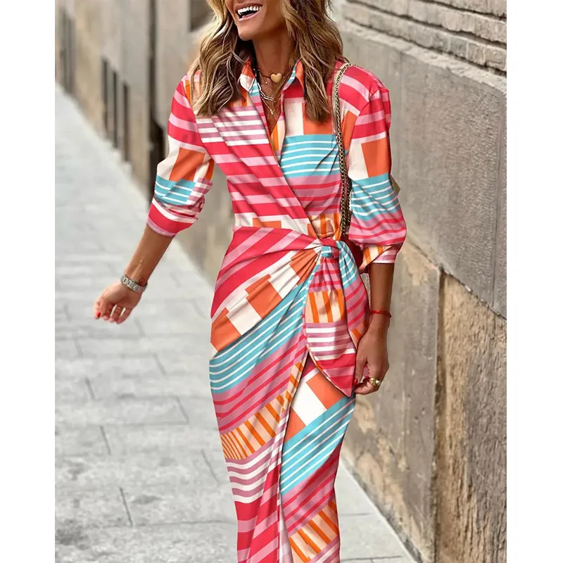 

9 Colors Wholesale Casual Women Long Dresses Knotted Detail Slim Waist Single Breasted Geometry Print Shirt Dress