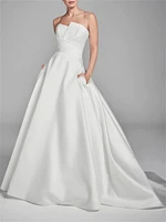 a line wedding dresses strapless sweep brush train chiffon over satin sleeveless simple with ruched 2022