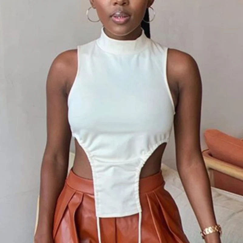 

Summer Women Fashion Y2k Sexy Sleeveless Chic Irregular Tshirts White Turtleneck Tees Shirts Streetwear 2023 New Women's Clothes