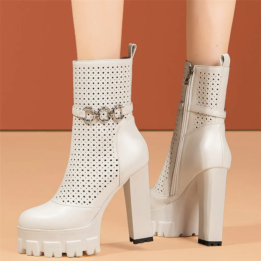 2023 Platform Pumps Shoes Women Hollow Genuine Leather Ankle Boots Female Round Toe High Heel Gladiator Sandals Casual Shoes