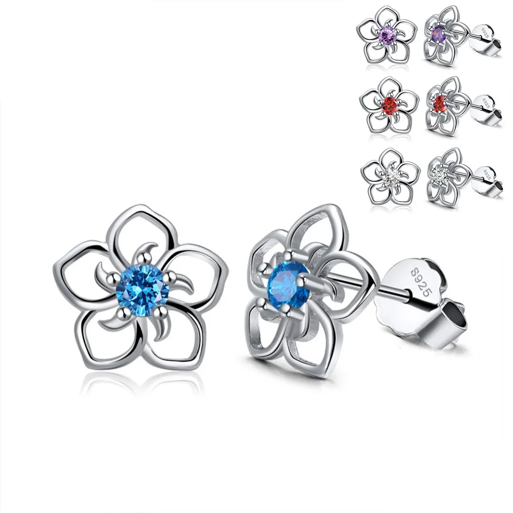 

Cherry Flower Blossoms Flower Crystal Stud Earrings Silver Color Ear Studs Women's Fine Jewelry Mother's Day Birthday Gift