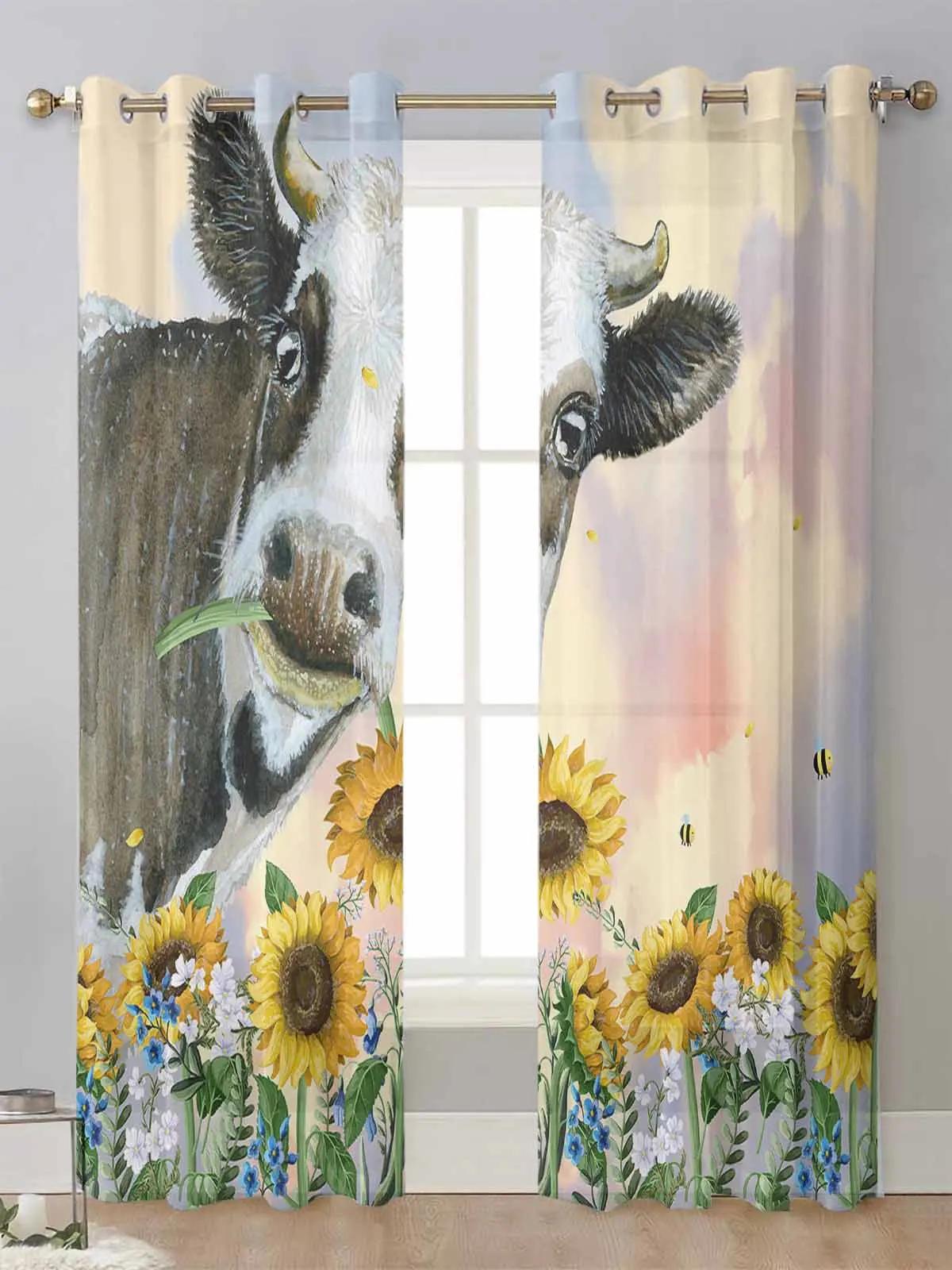 

Country Style Sunflower Cow Sheer Curtains For Living Room Window Transparent Voile Tulle Curtain Cortinas Drapes Home Decor