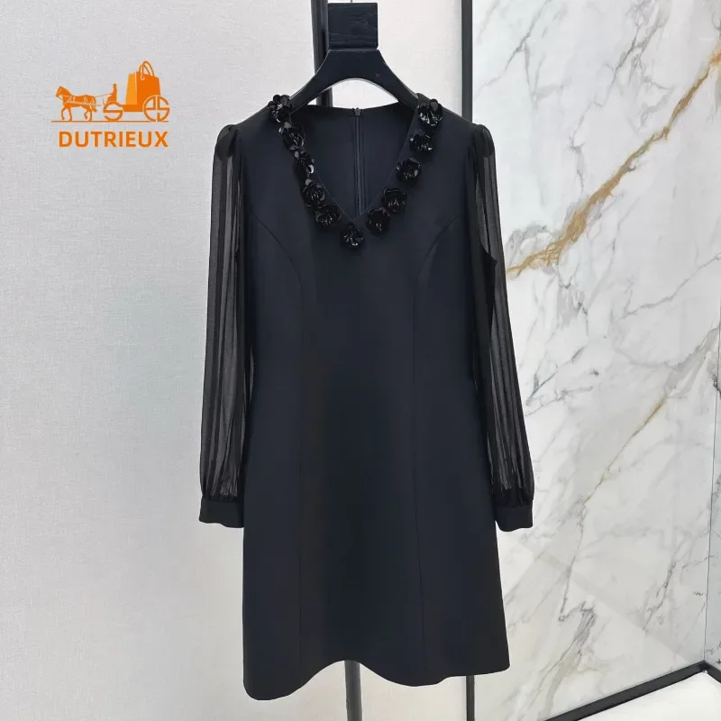 Новое модное французское элегантное женское черное платье летнее шелковое белое