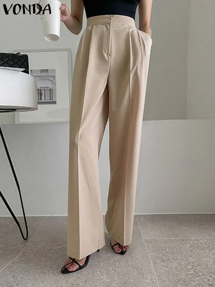 

VONDA Fashion Wide Leg Pants 2023 Women High Waist Pleated Elegant Trousers Casual Loose Pockets Zipper Long Pants Streetwear