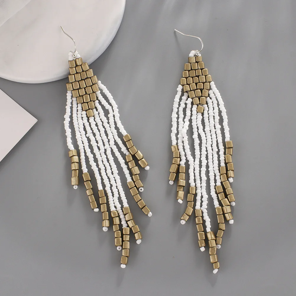 

Женские винтажные серьги в этническом стиле, богемные серьги-кисточки с рисовой бусиной, летние пляжные аксессуары