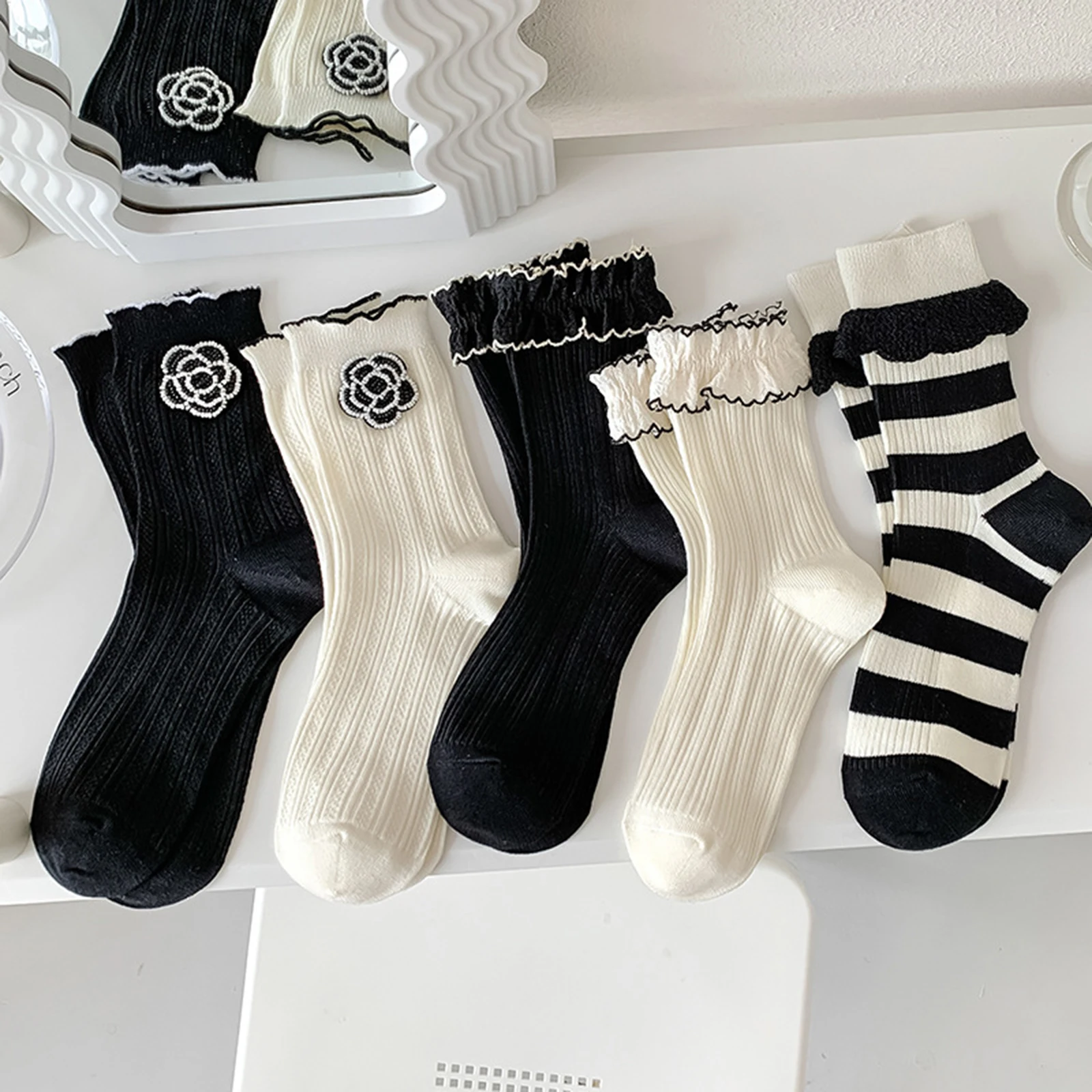 

Женские длинные носки с милыми оборками/цветами/полосками, Весенние длинные носки для повседневного ношения